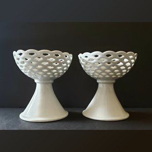 Set of 2 White Ceramic Basket-weave Candle Holders